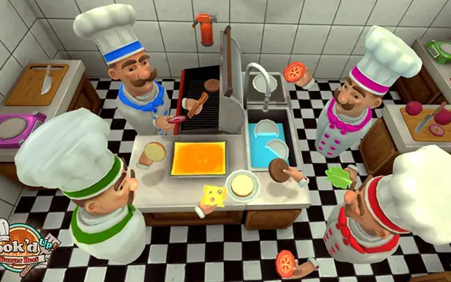 Vier koks bakken samen hamburgers in het VR-spel Cook'd Up