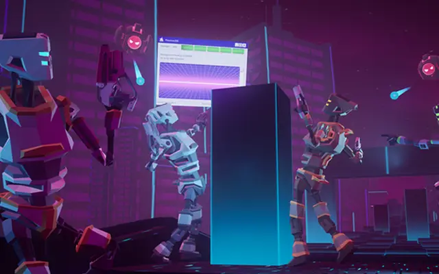 Robots in een neonwereld in het VR-spel Cyber Shock