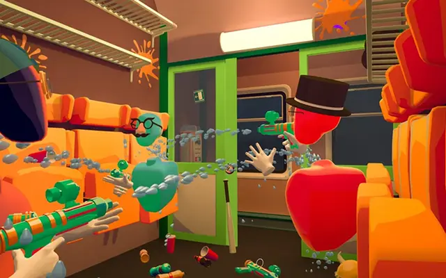 Kleurrijke treinwagon met puzzels in het VR-spel Espionage Express