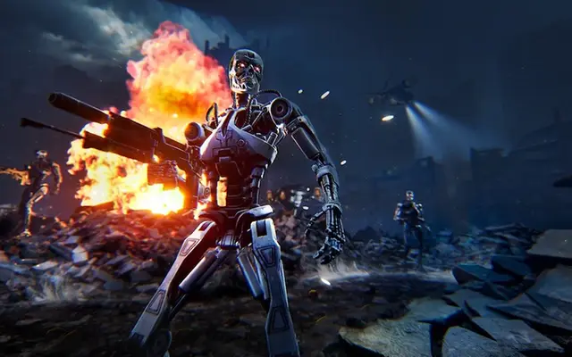 Terminator-robot tussen explosies in het VR-spel Terminator Uprising