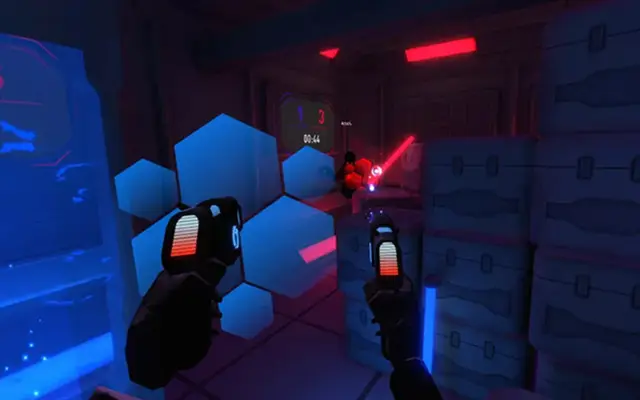 Blauwe neon-arena met laserpistolen in het VR-spel Versus